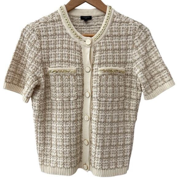 Talbots Short Sleeve Chain Trim Jacquard Cardigan Gold Ivory Size Small Petite - Picture 2 of 8
